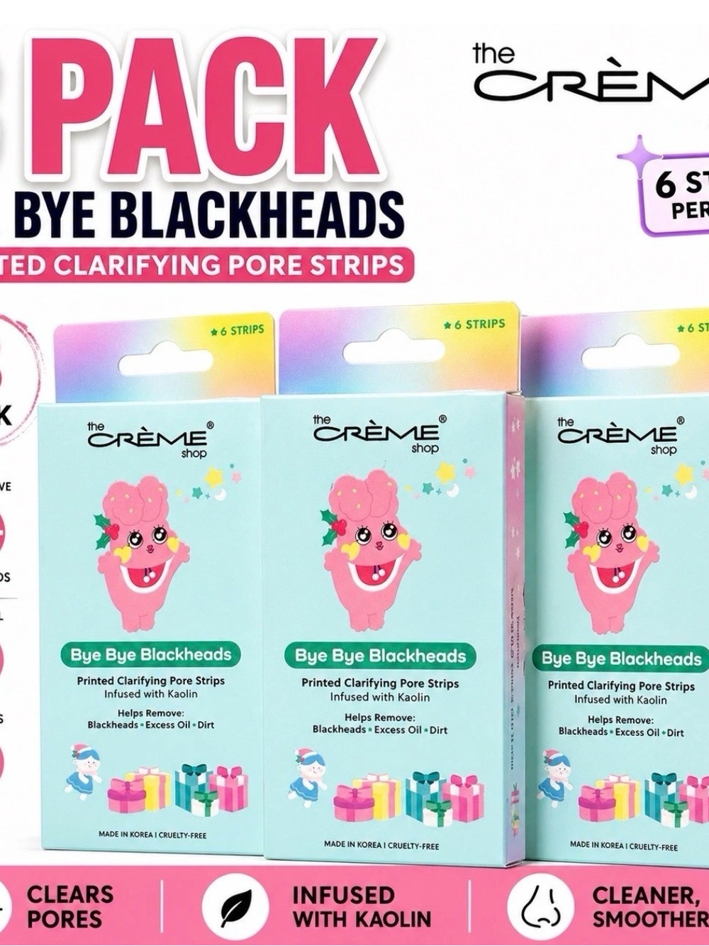3 Pack Crème Shop Bye Bye Blackheads Pore Strips Kaolin 6 Ct Each